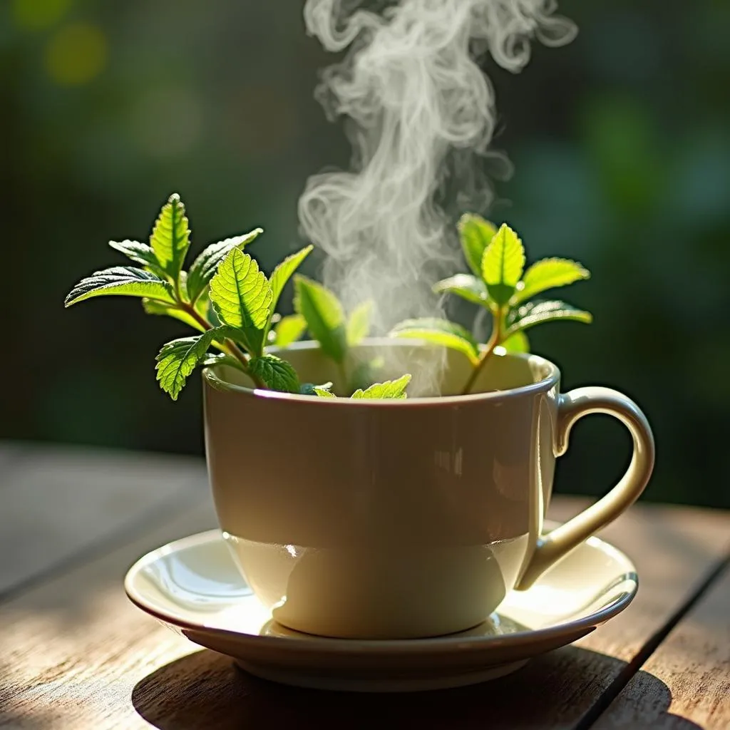 A mug of herbal tea with steam rising from it