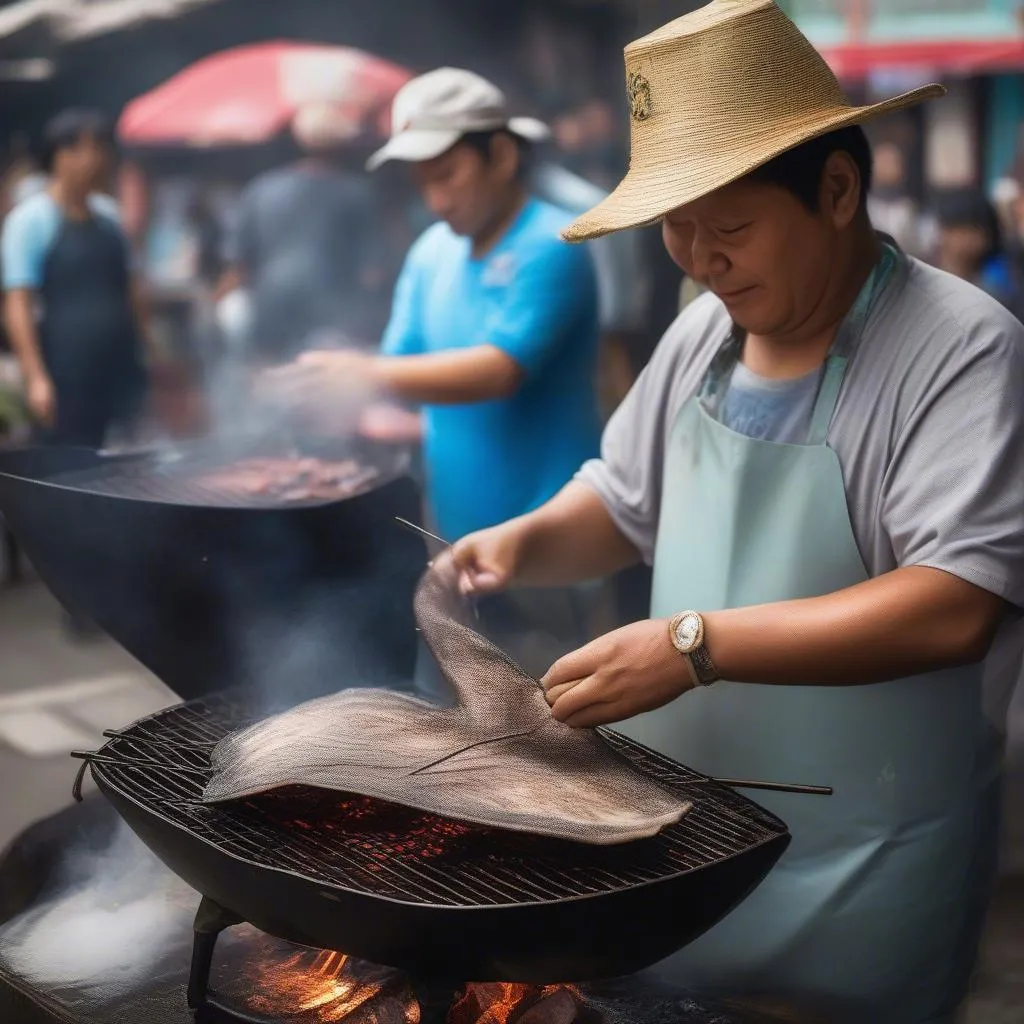 Street food vendor preparing stingray over charcoal grill