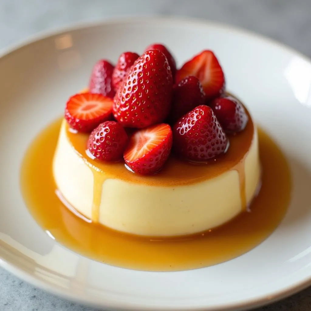 Vietnamese Banh Flan dessert with fresh strawberry layer and caramel sauce