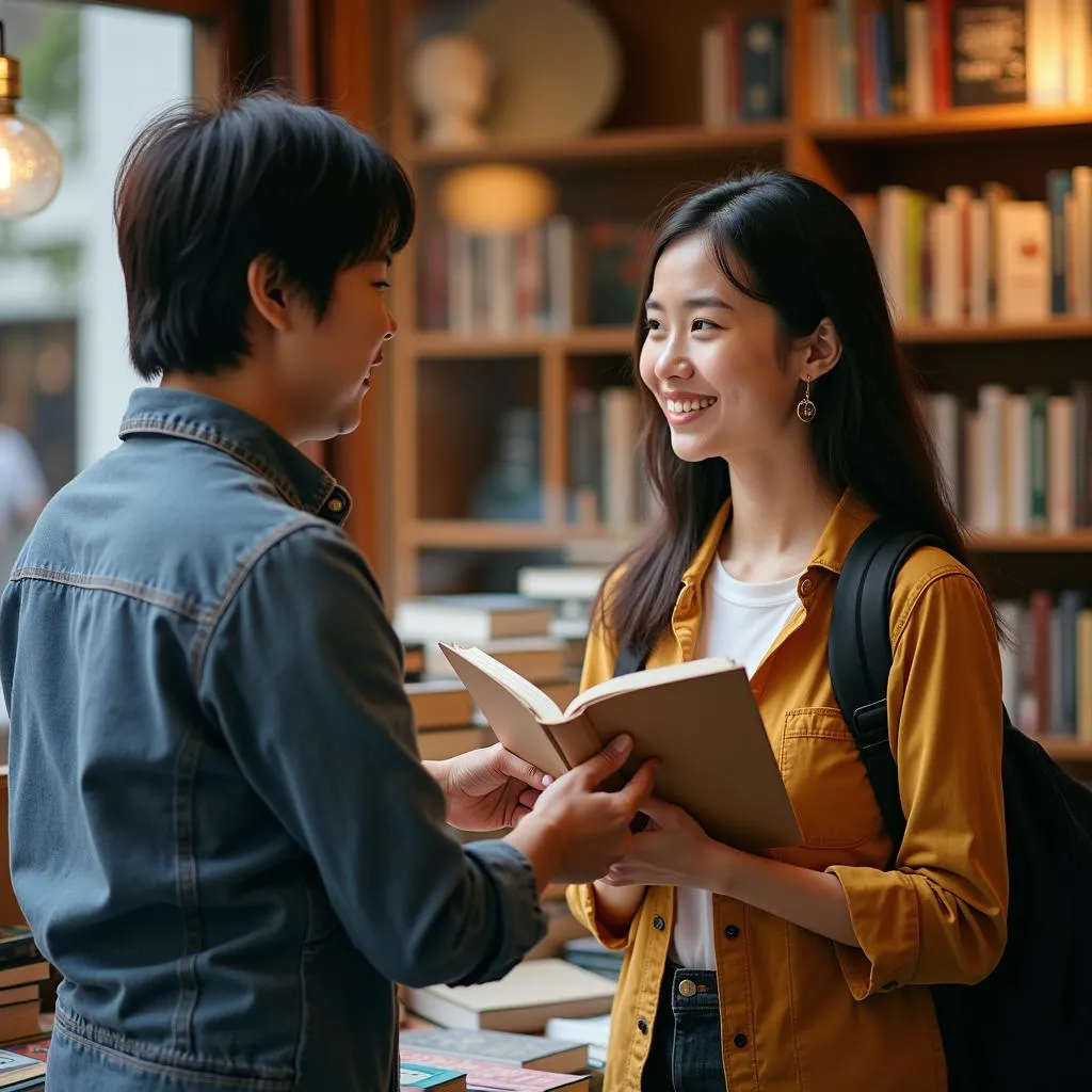 A student purchasing a textbook from a friendly bookstore owner in Hanoi