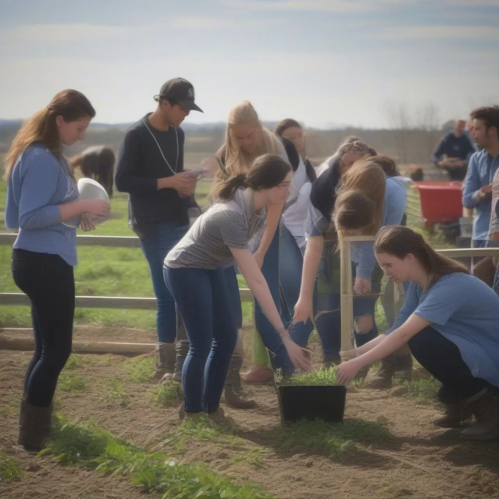 Students learning about farming techniques in a university farm