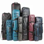 Surfboard travel bags in different sizes and colors.