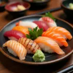 Assortment of sushi on a platter in Hanoi