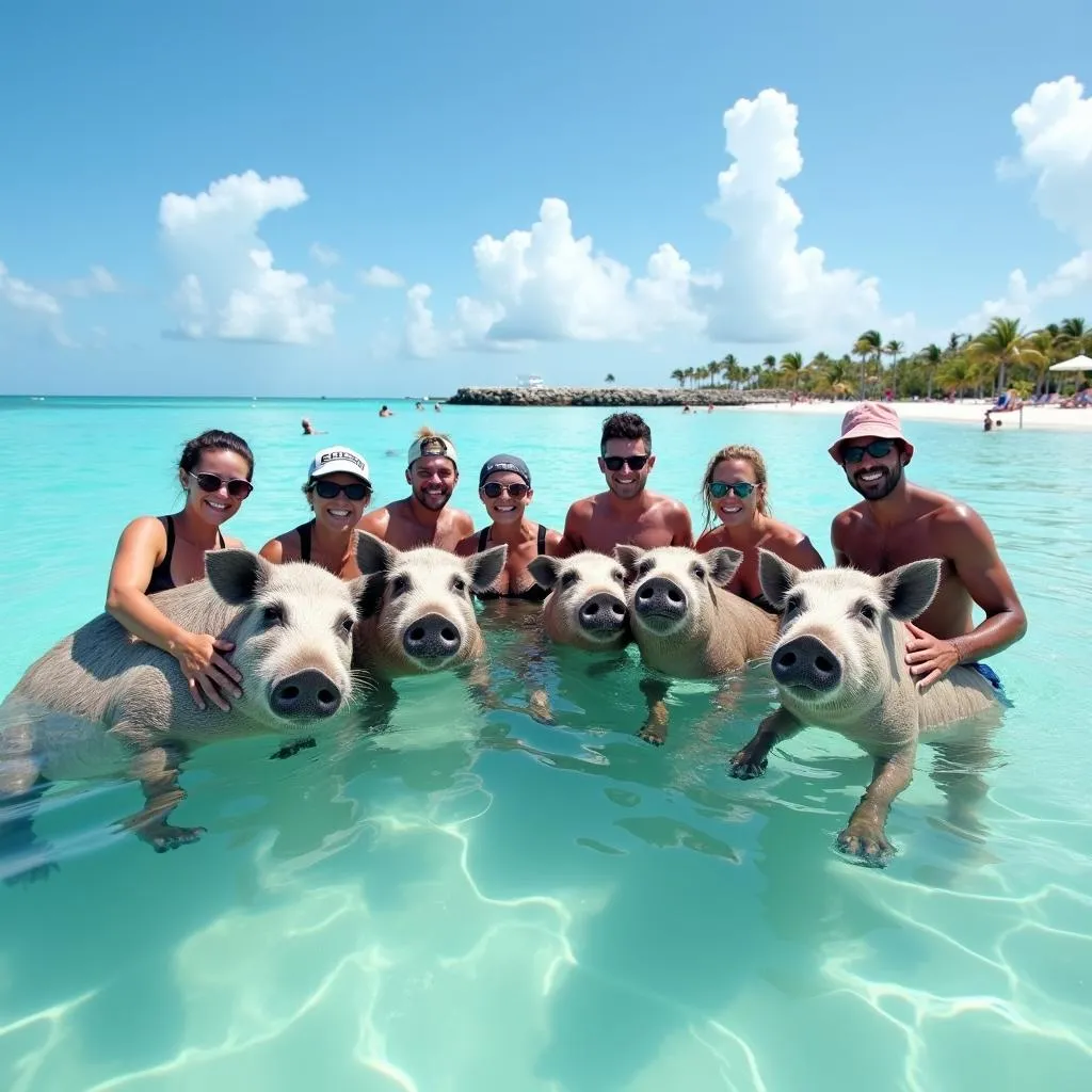 Tourists swimming with pigs in the Exumas