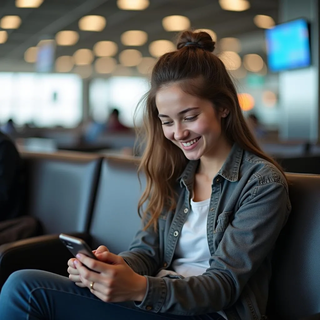 Teenager using phone at the airport