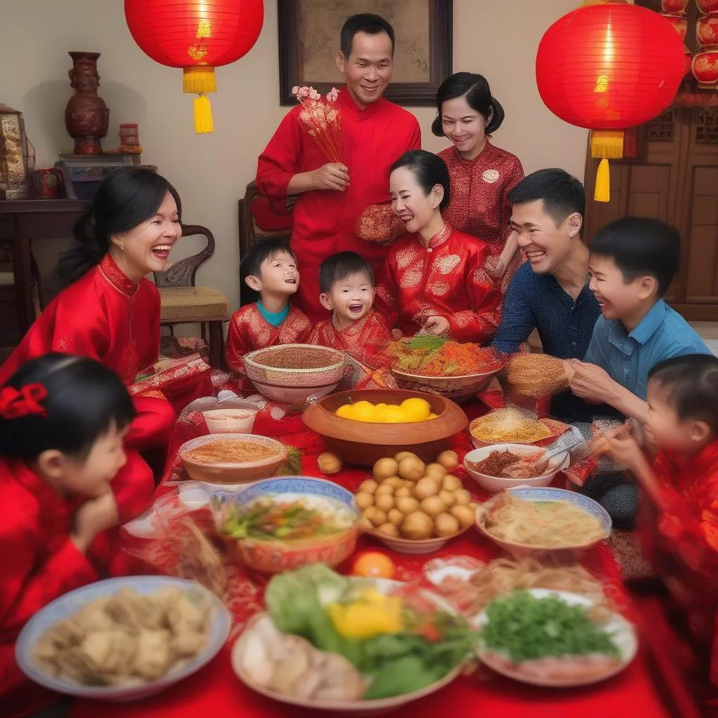 Vietnamese family celebrating Tet