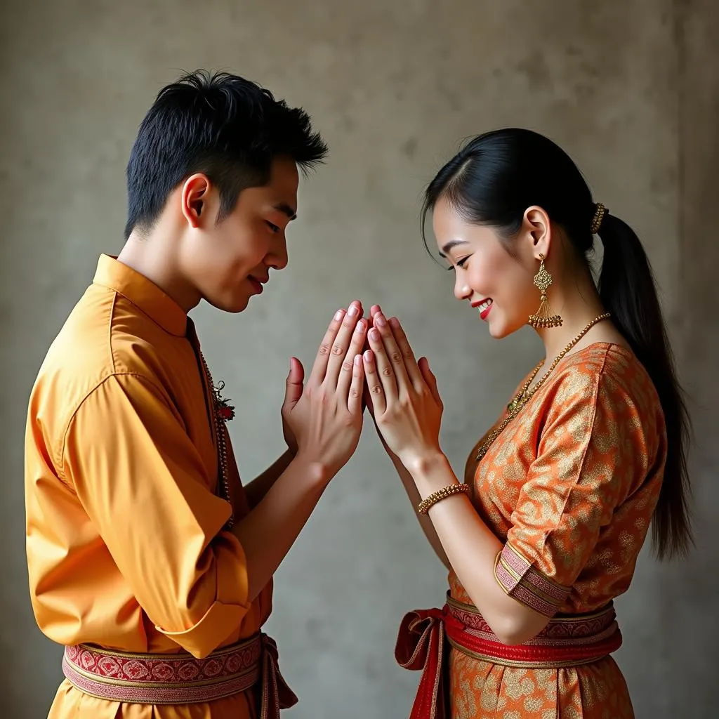 Two people performing the wai greeting in Thailand