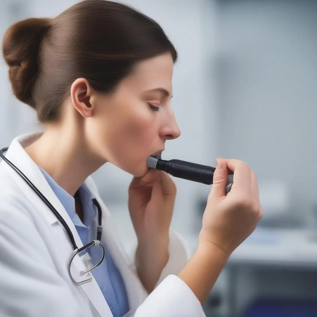 Close-up of a throat examination using an otoscope