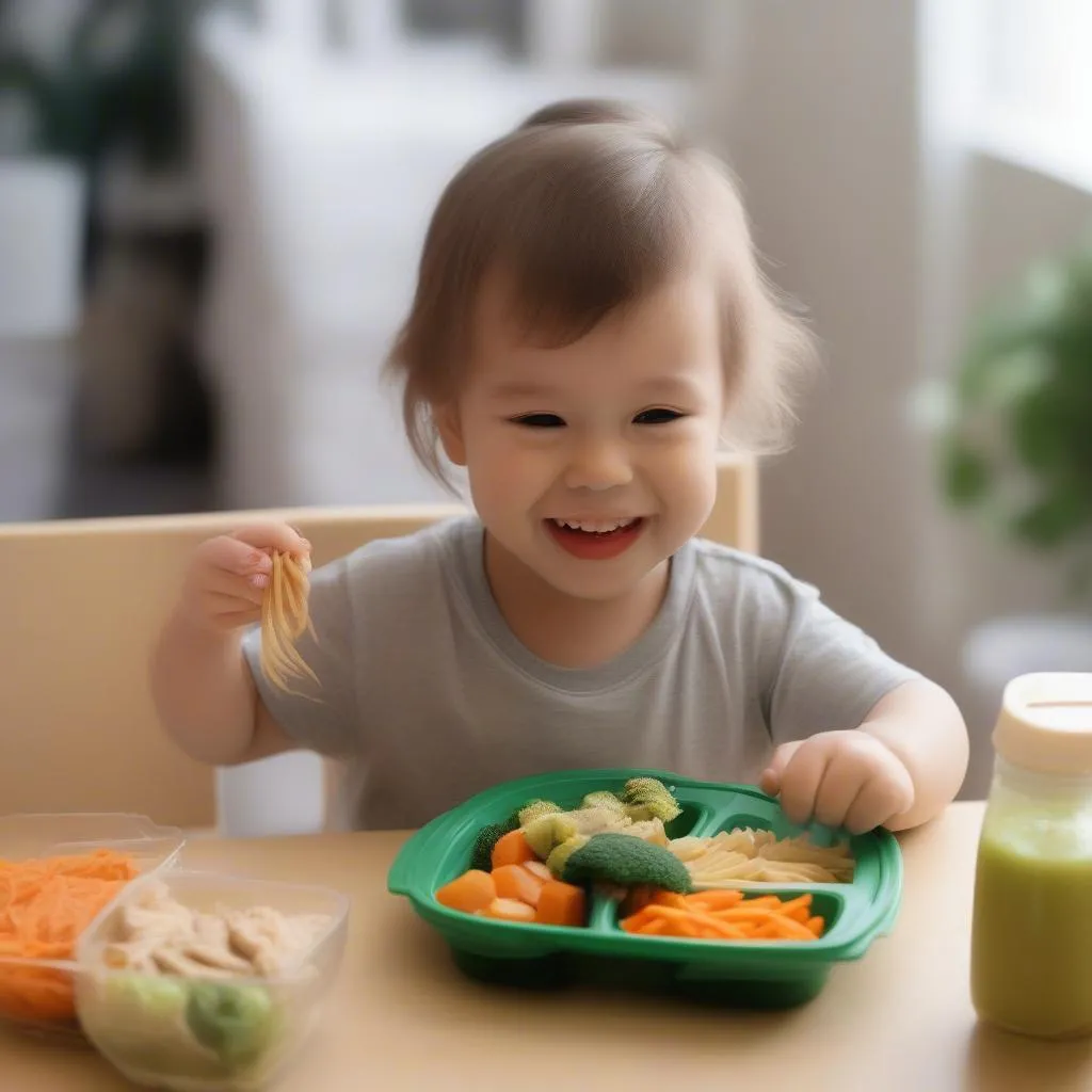 A toddler happily enjoying a balanced lunch