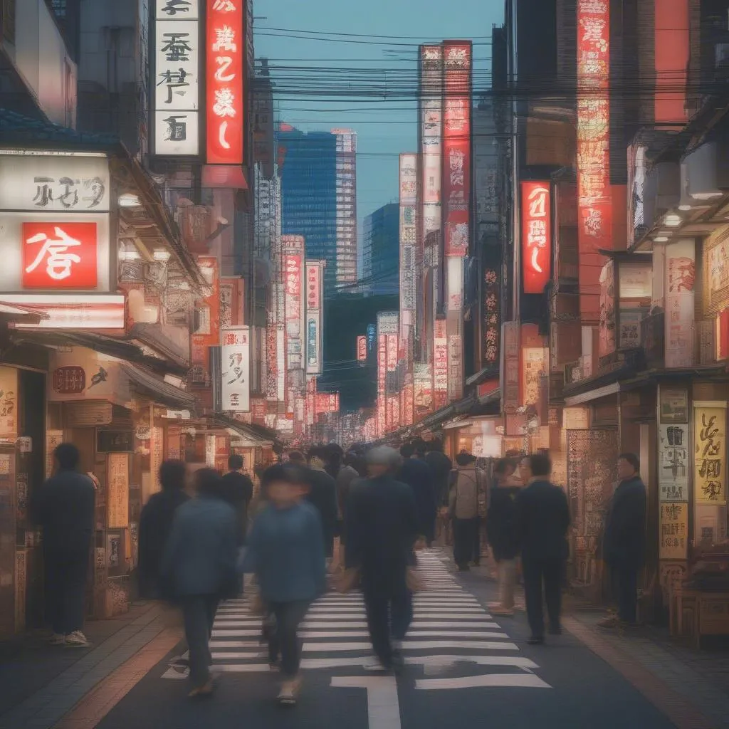 A vibrant street scene in Tokyo, Japan, with people walking, shops, and colorful signage