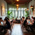 Modern coworking space with traditional Vietnamese design elements.