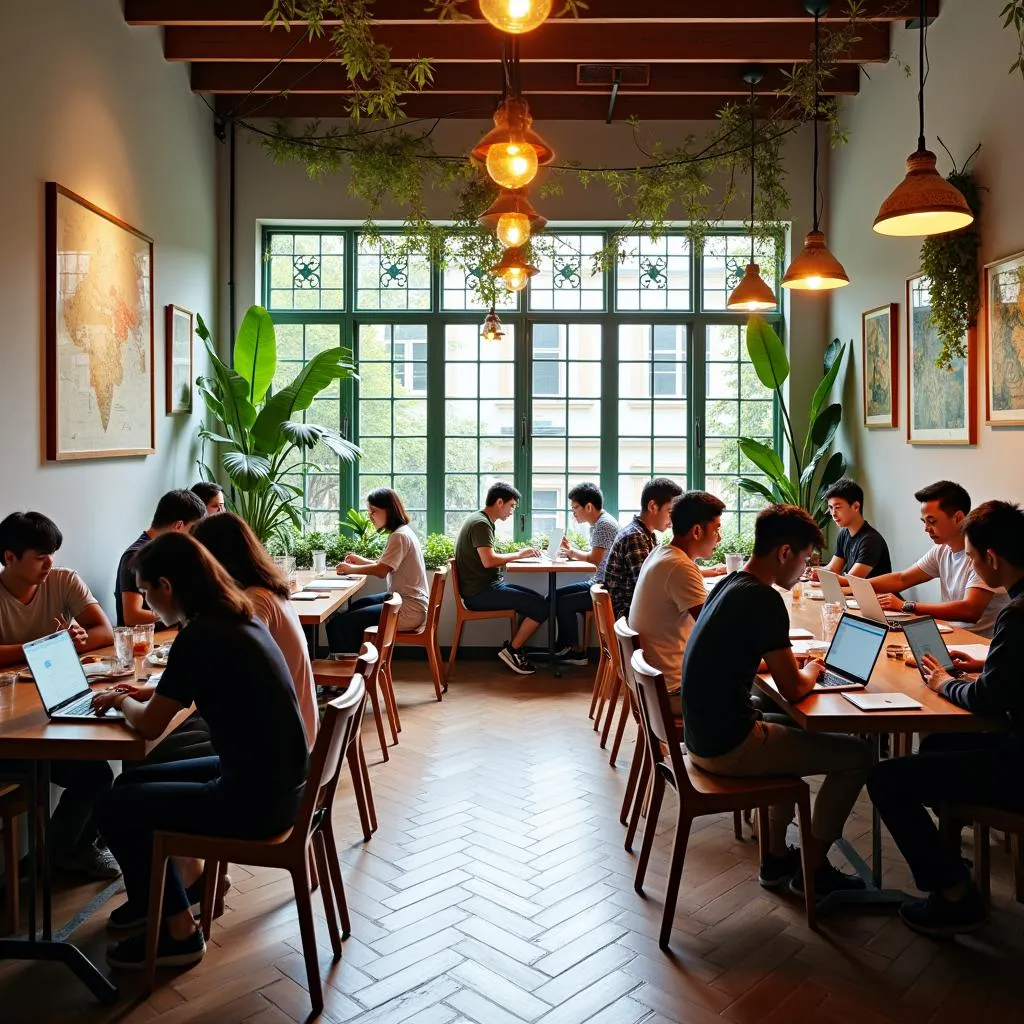 Modern coworking space with traditional Vietnamese design elements.