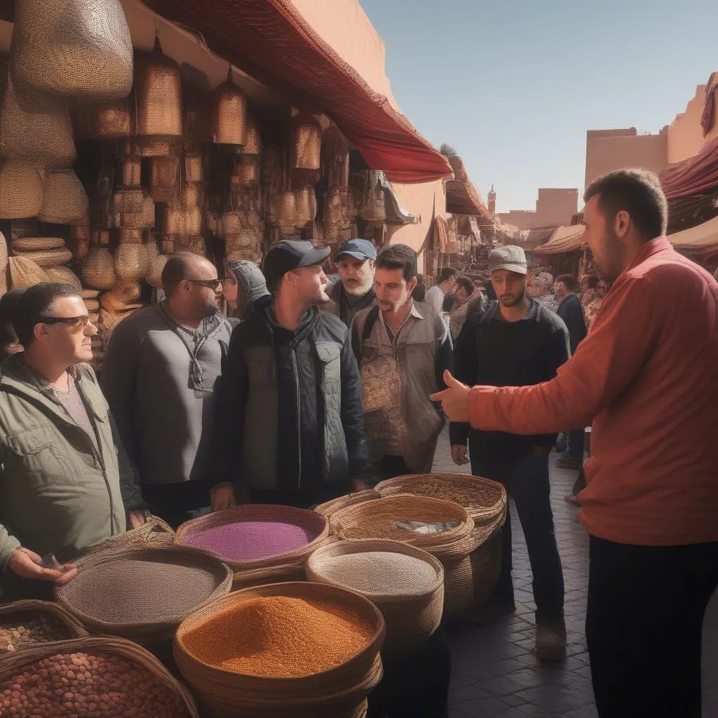 Tour guide leading group through Marrakech medina