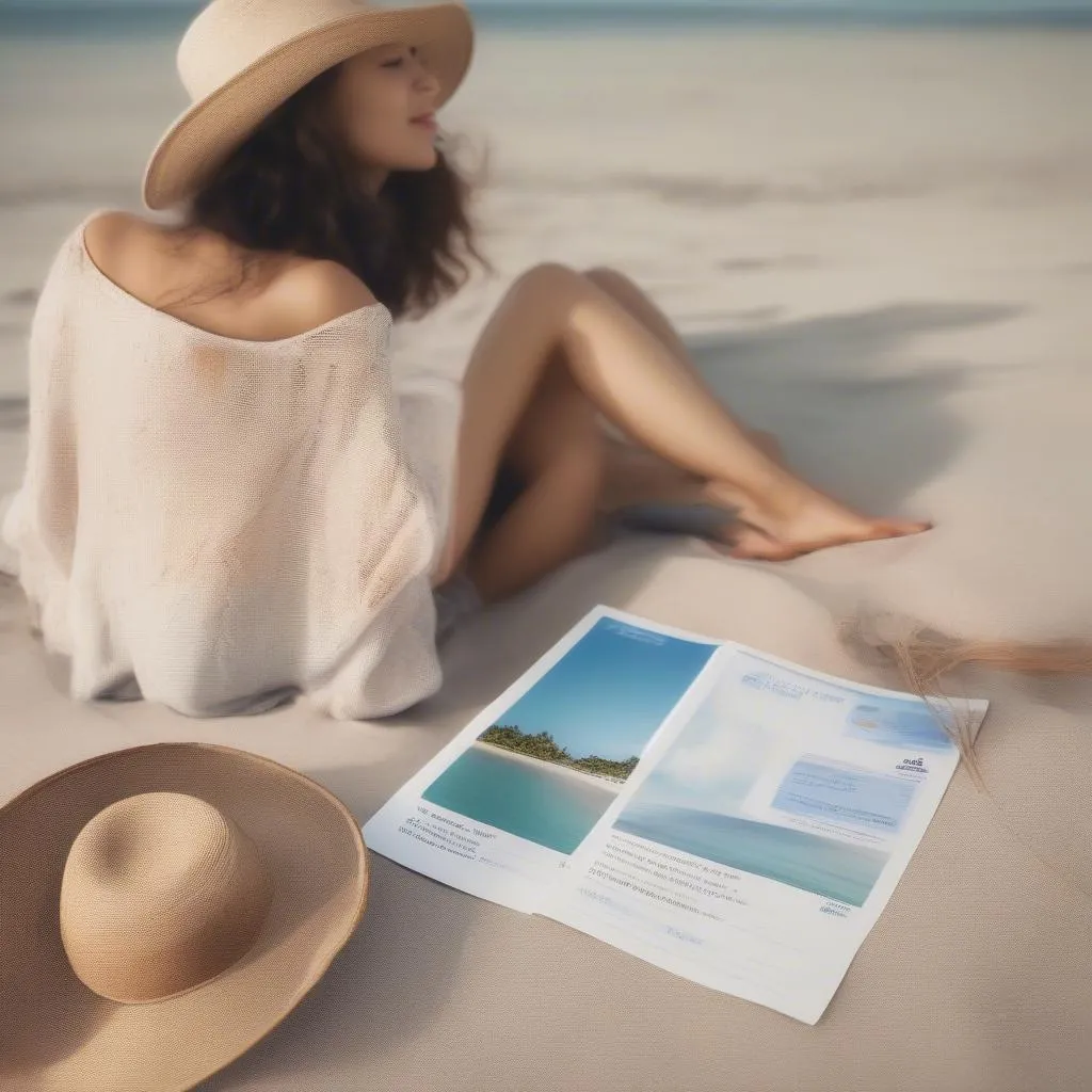 Woman relaxing on beach vacation with tour voucher and itinerary