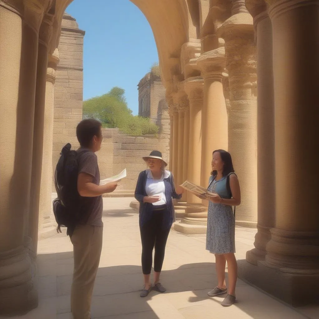 Tour guide explaining historical facts to a group of tourists