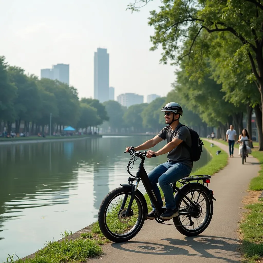 Tourist riding an electric bike near Hoan Kiem Lake