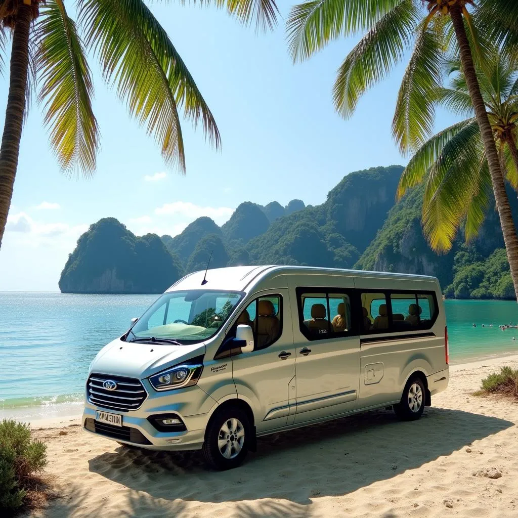 A tourist van parked near a picturesque beach in Phu Quoc