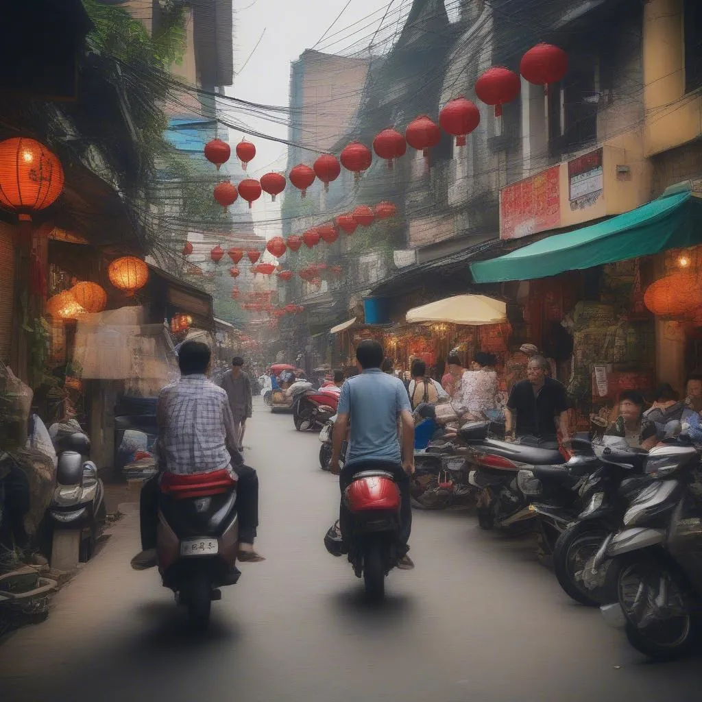 Tourist with Backpack Exploring Hanoi Old Quarter