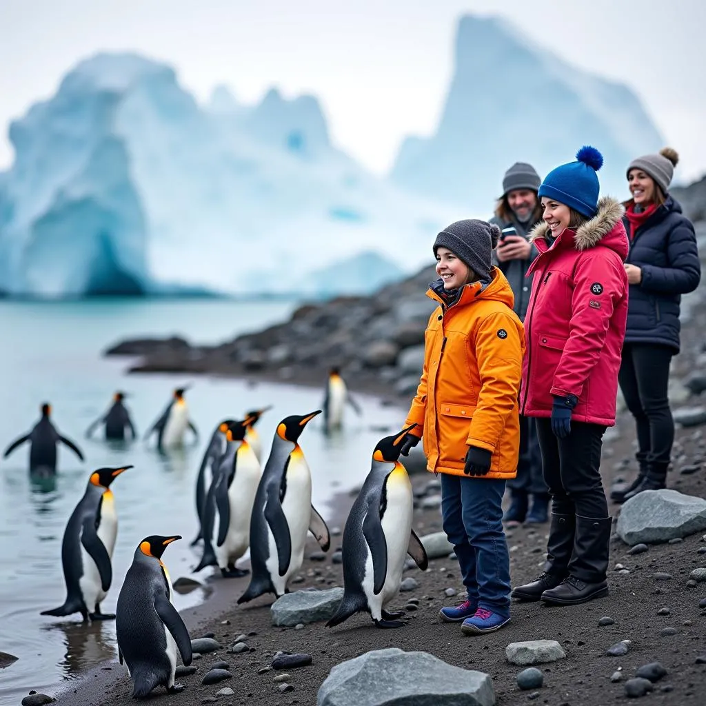 Tourists in Antarctica Watching Penguins