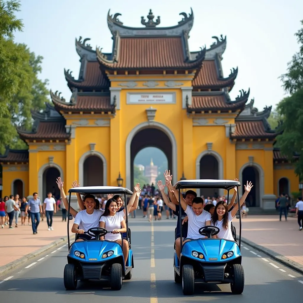 Tourists arriving at Thien Mu Pagoda in an electric car