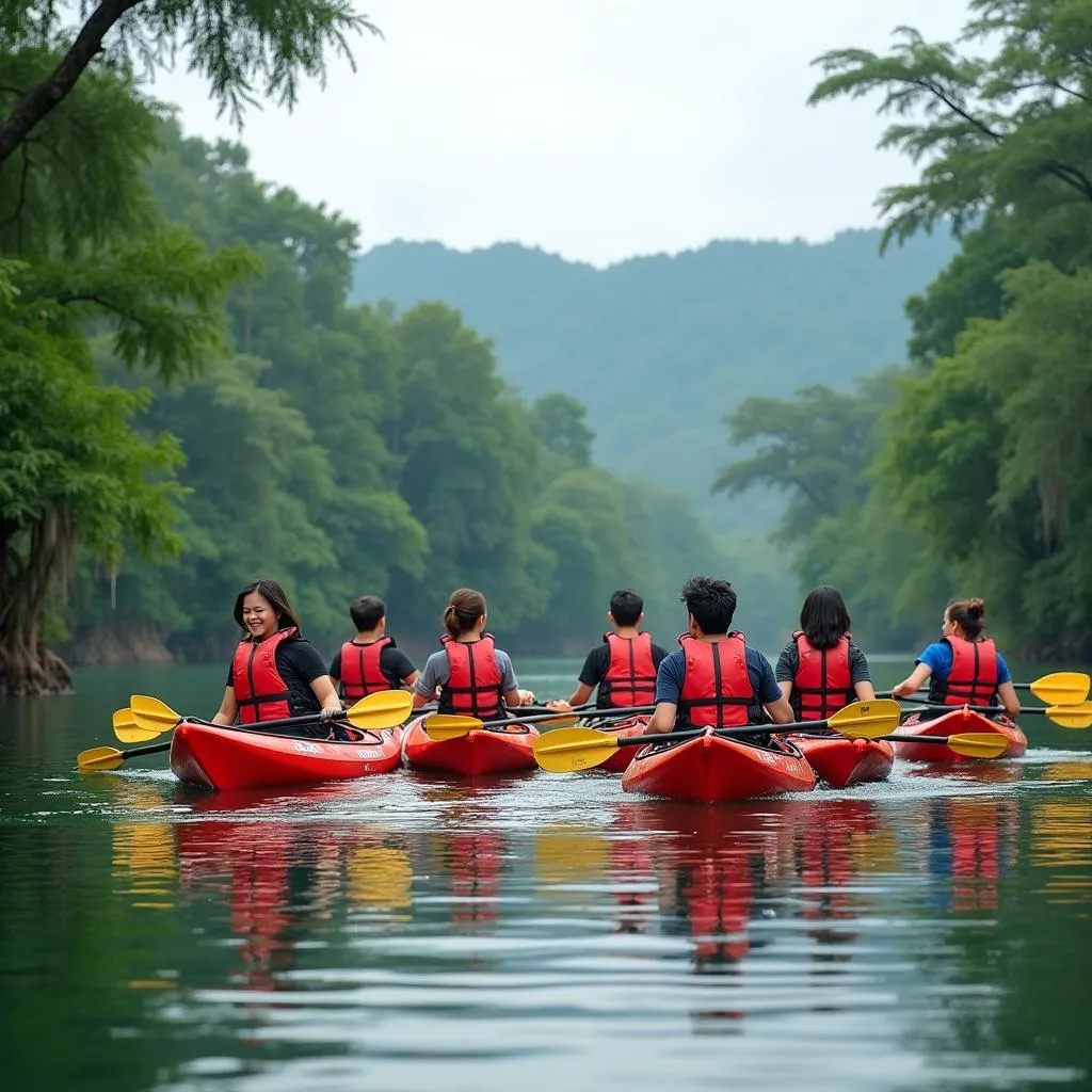 Tourists kayaking on Crocodile Lake, Cat Tien National Park