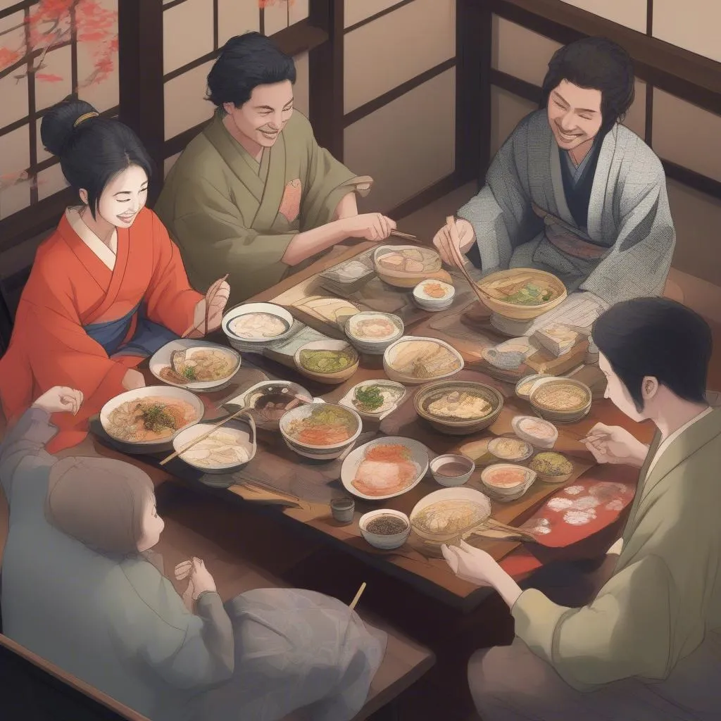 Tourists enjoying a traditional Japanese meal