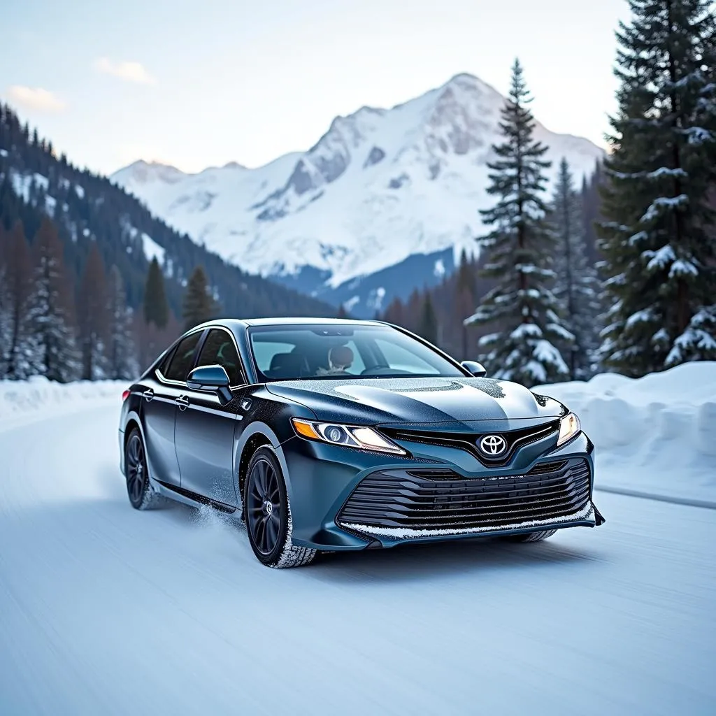 Toyota Camry driving on snowy mountain road