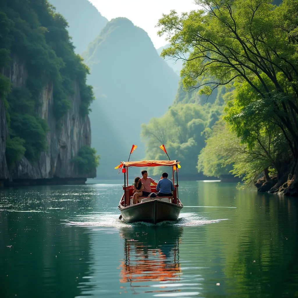 A traditional Vietnamese boat sailing on the Thuong River