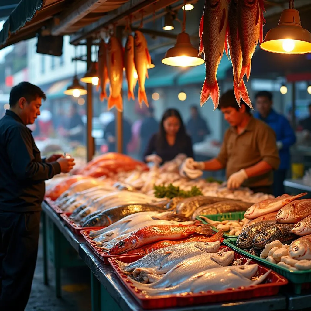 bustling seafood stalls at a local market