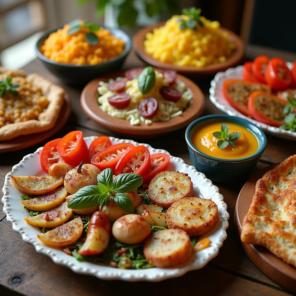 A table with various Portuguese dishes