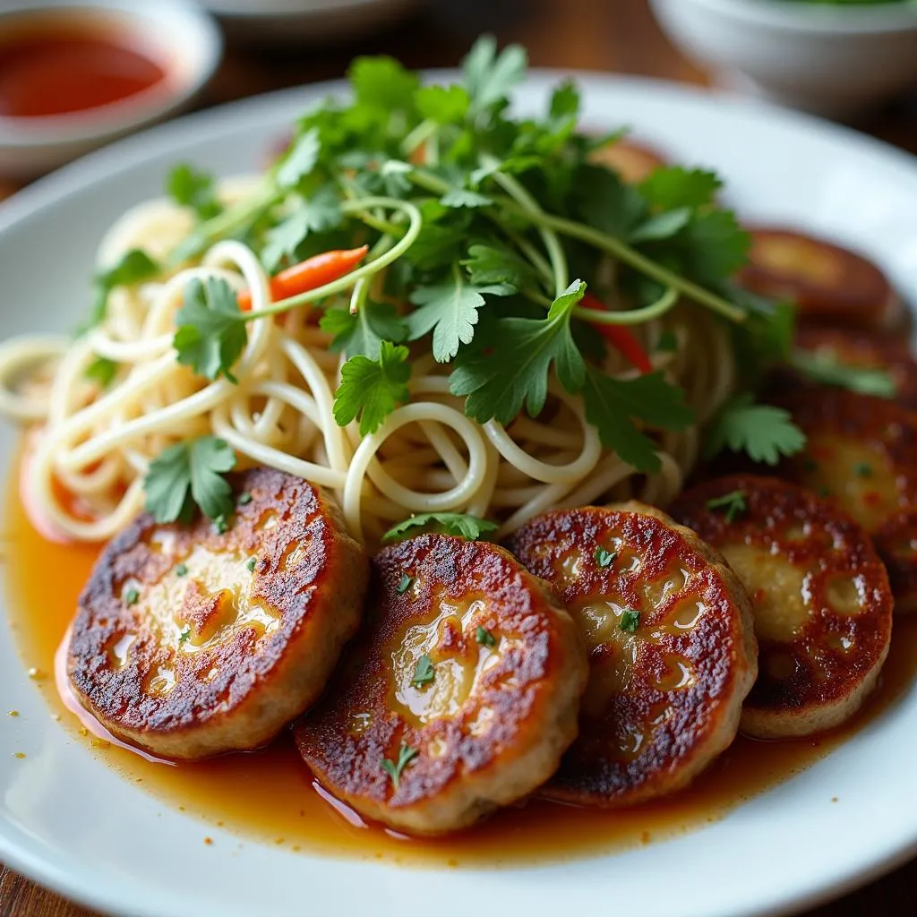 A plate of delicious bún chả, a Hanoi specialty