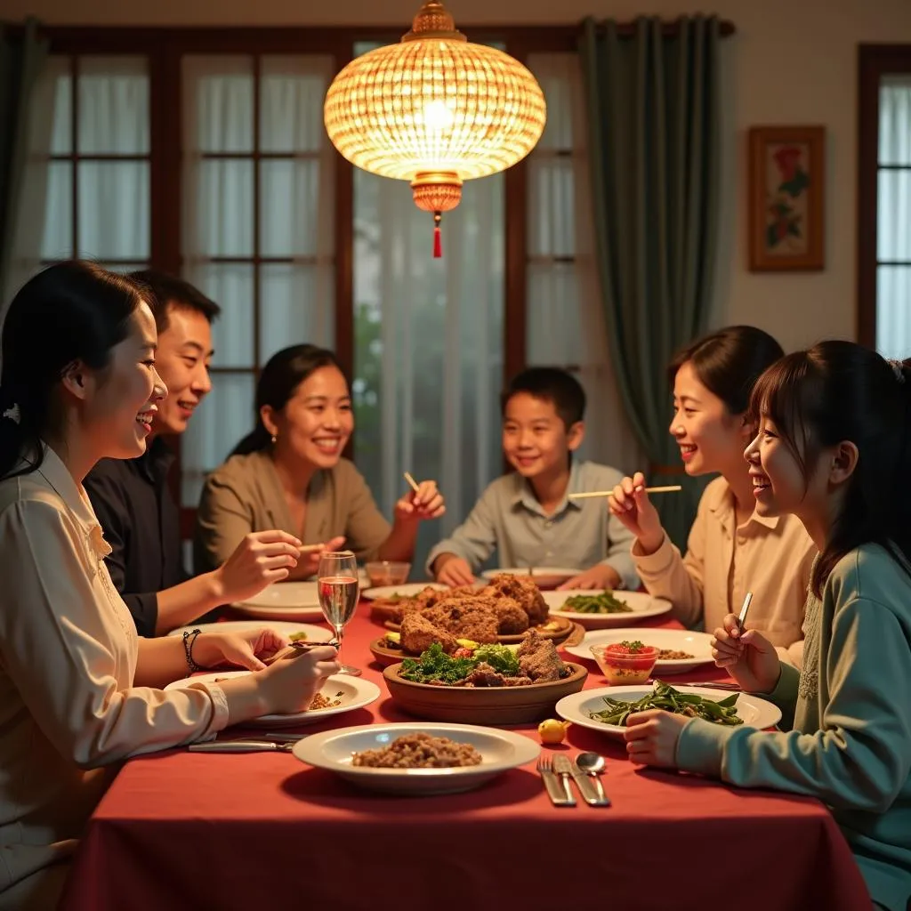 Family enjoying a traditional Vietnamese meal