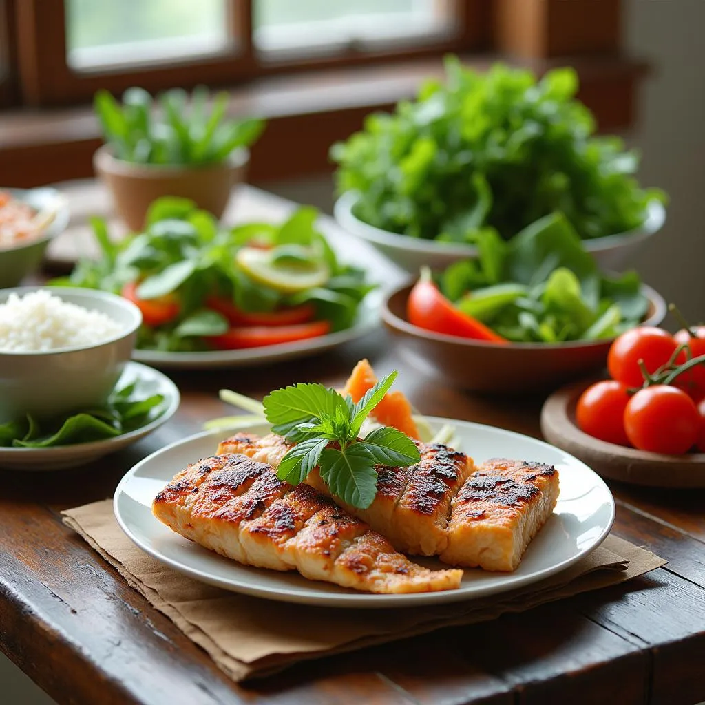 Traditional Vietnamese meal with fresh ingredients.