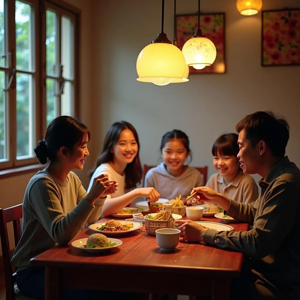 Family enjoying a traditional Vietnamese meal