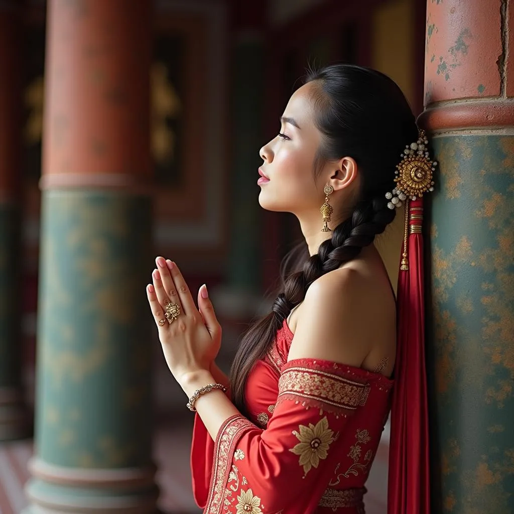 Traditional Vietnamese woman praying at a temple