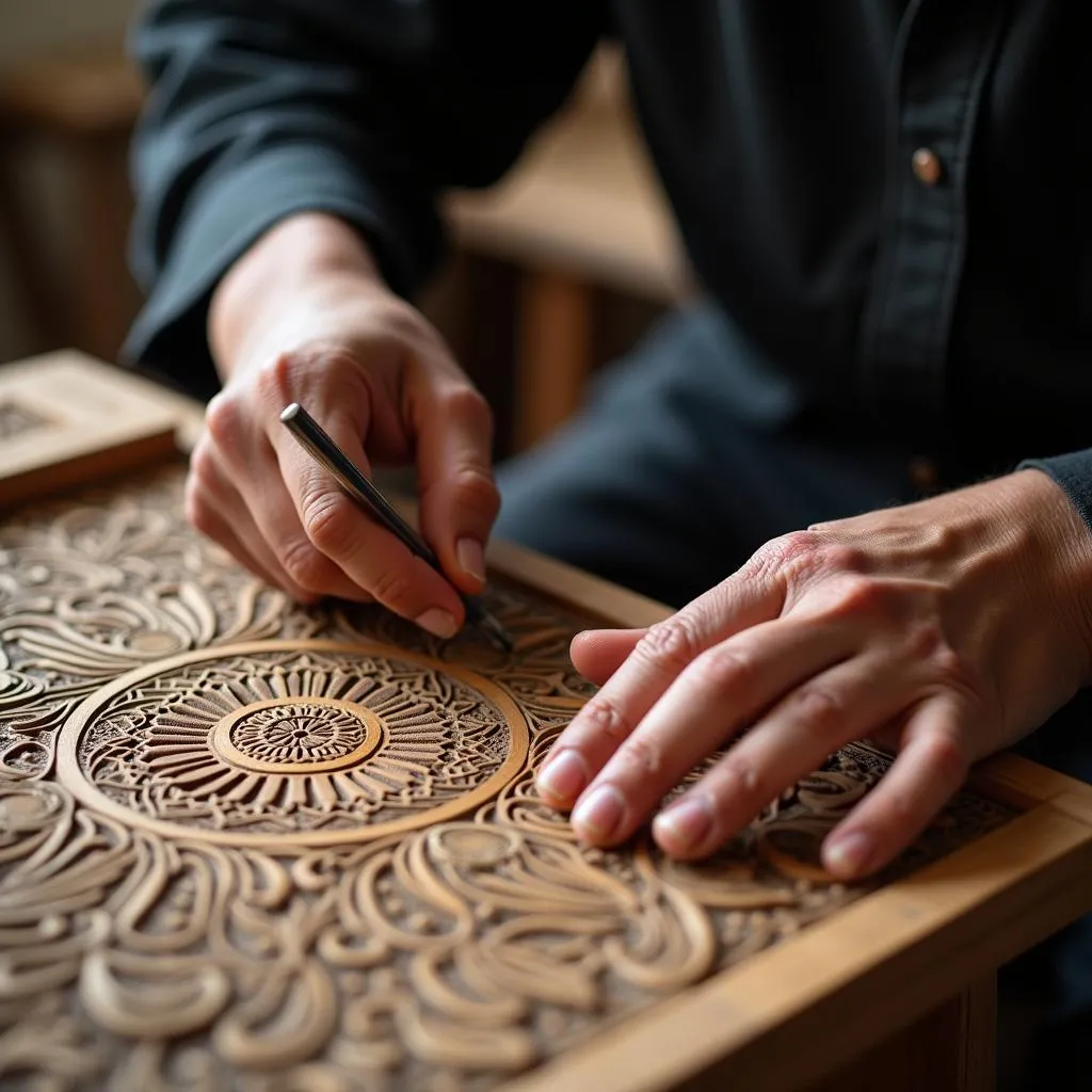 Skilled artisan crafting intricate details on a wooden panel