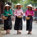 Vietnamese women wearing guoc moc