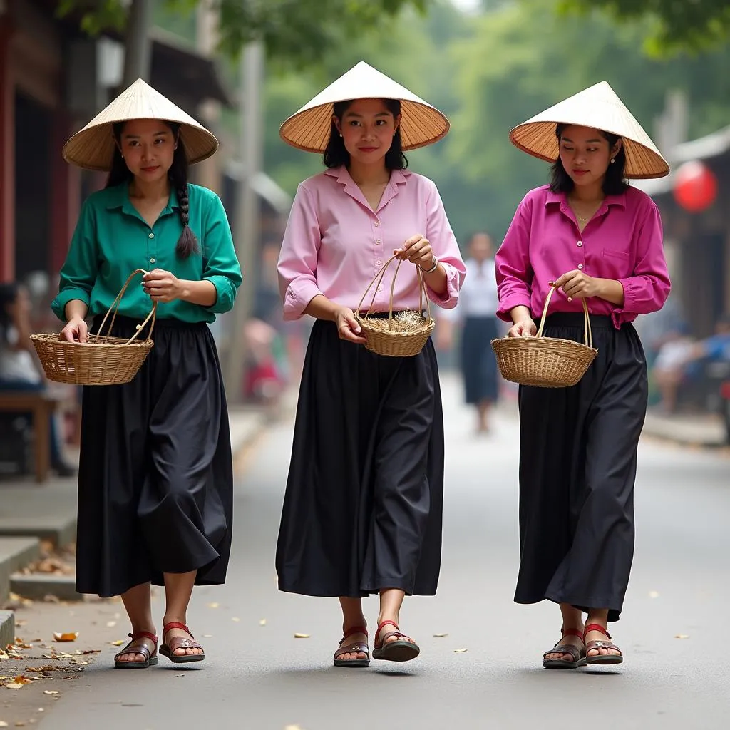 Vietnamese women wearing guoc moc