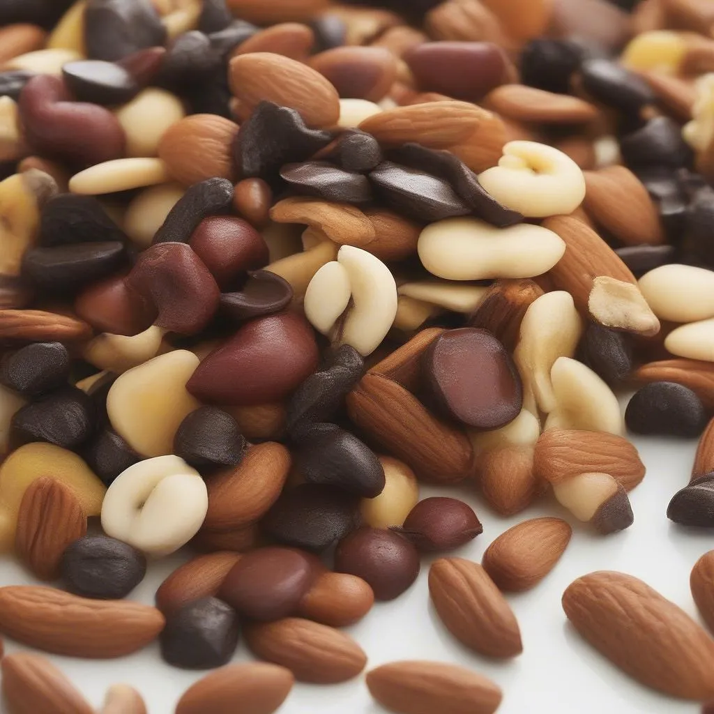 A bowl of trail mix filled with almonds, cashews, raisins, and chocolate chips