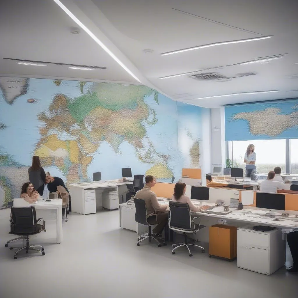 Modern travel agency office with world map