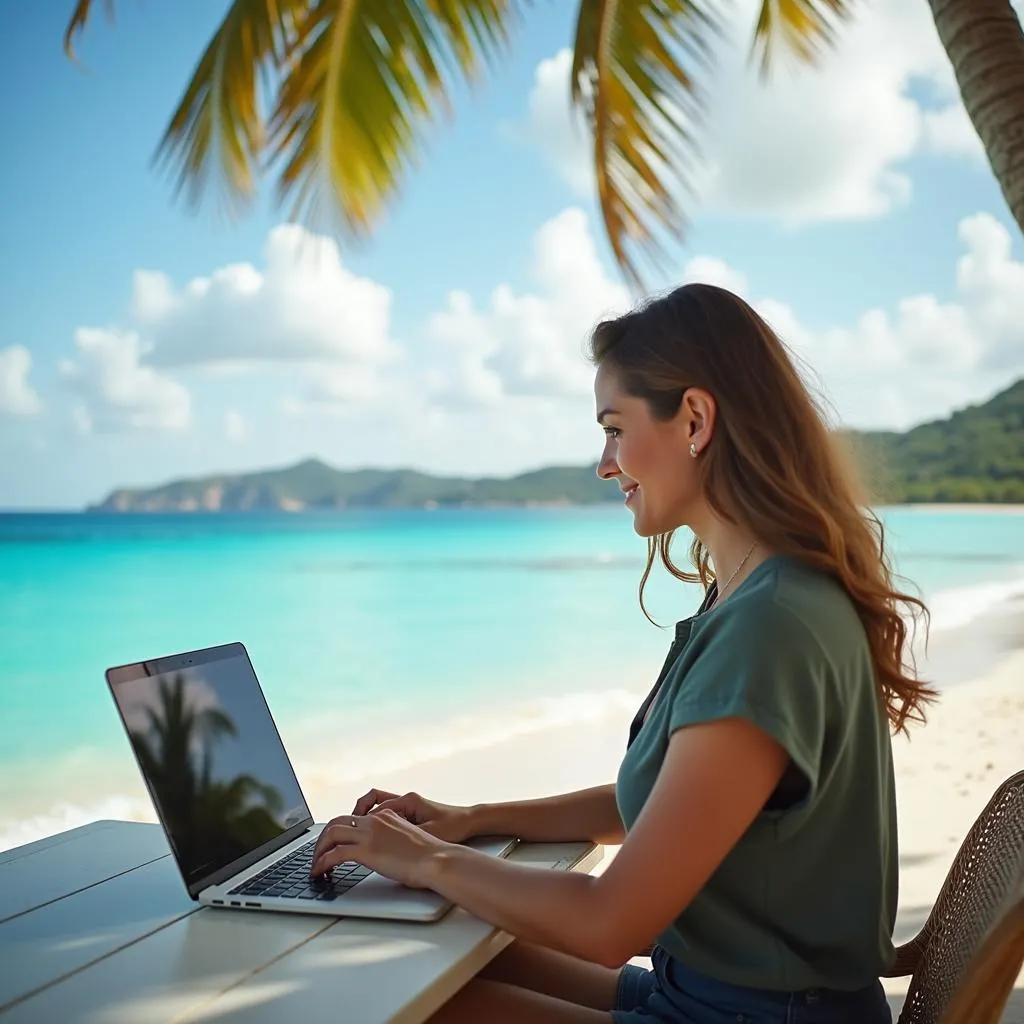 Travel agent working on laptop in a tropical location