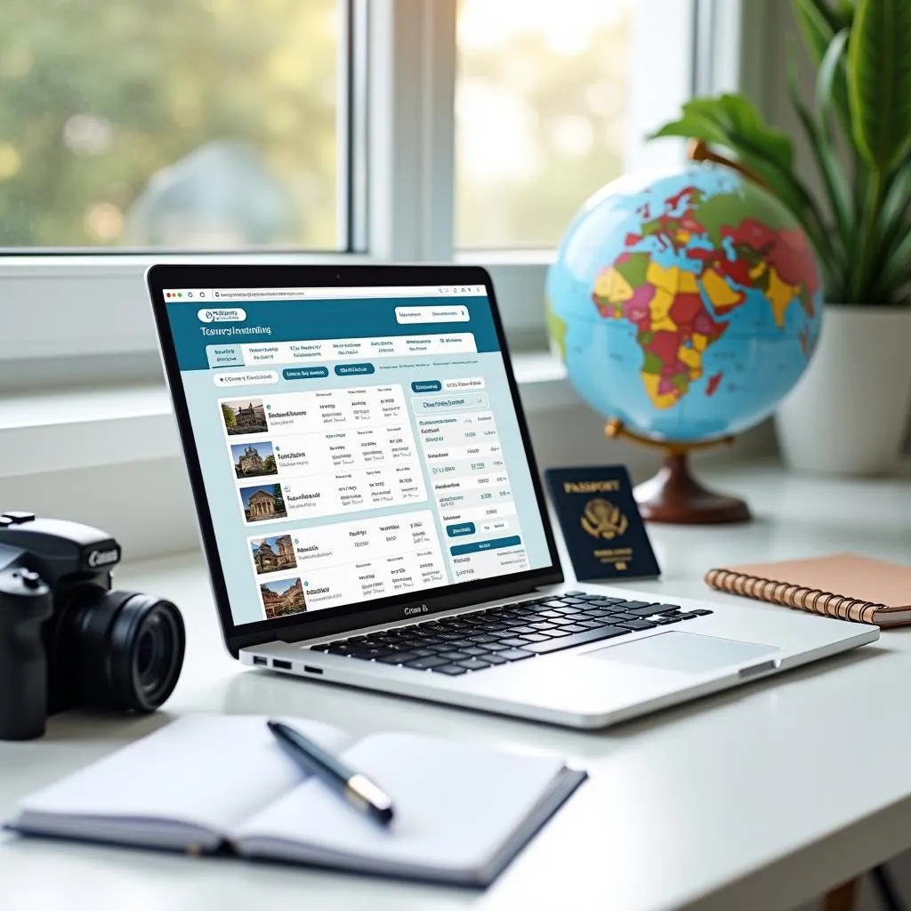 Modern travel agent's workspace with laptop and travel essentials