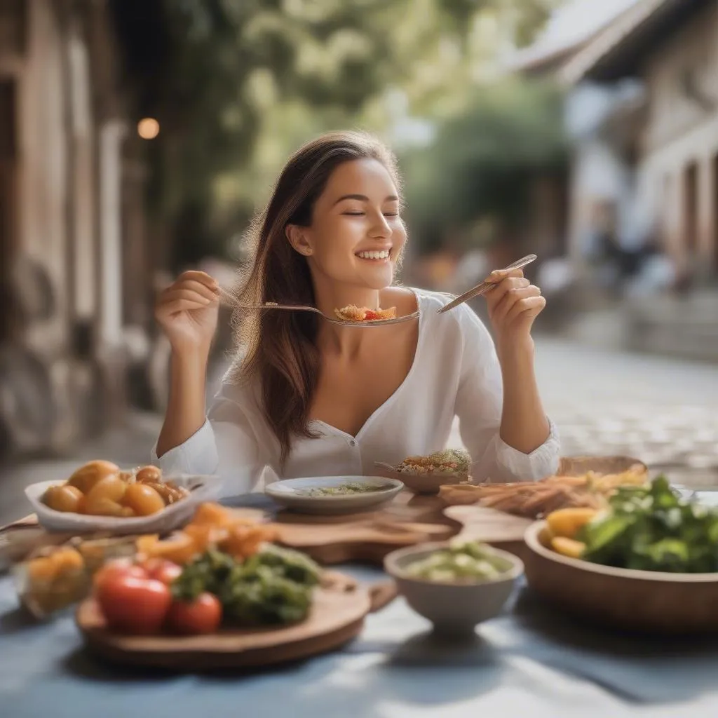 A woman enjoying a delicious meal at a street food stall in a bustling market, highlighting the accessibility of healthy foods while traveling