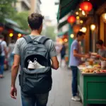 Travel backpack with shoe compartment on a Hanoi street filled with food stalls