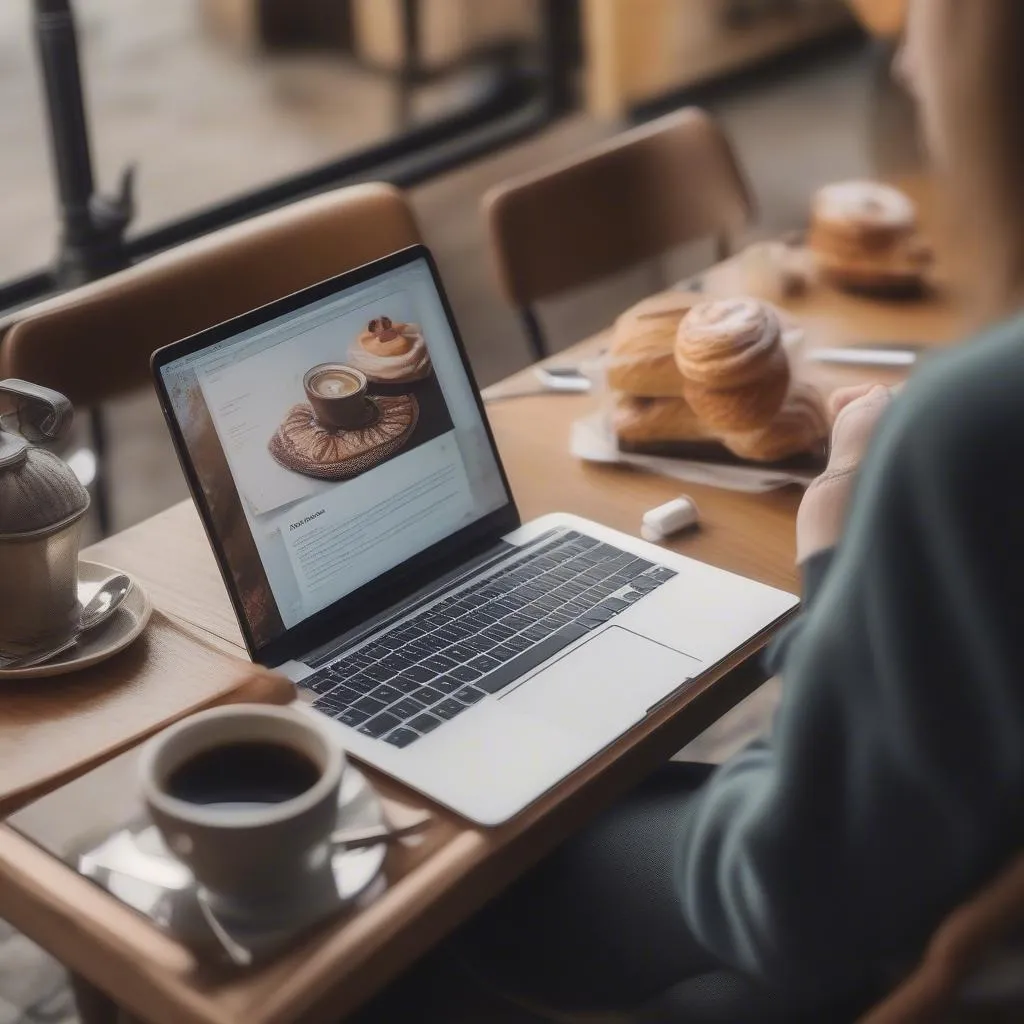 Travel blogger working on laptop in a cafe