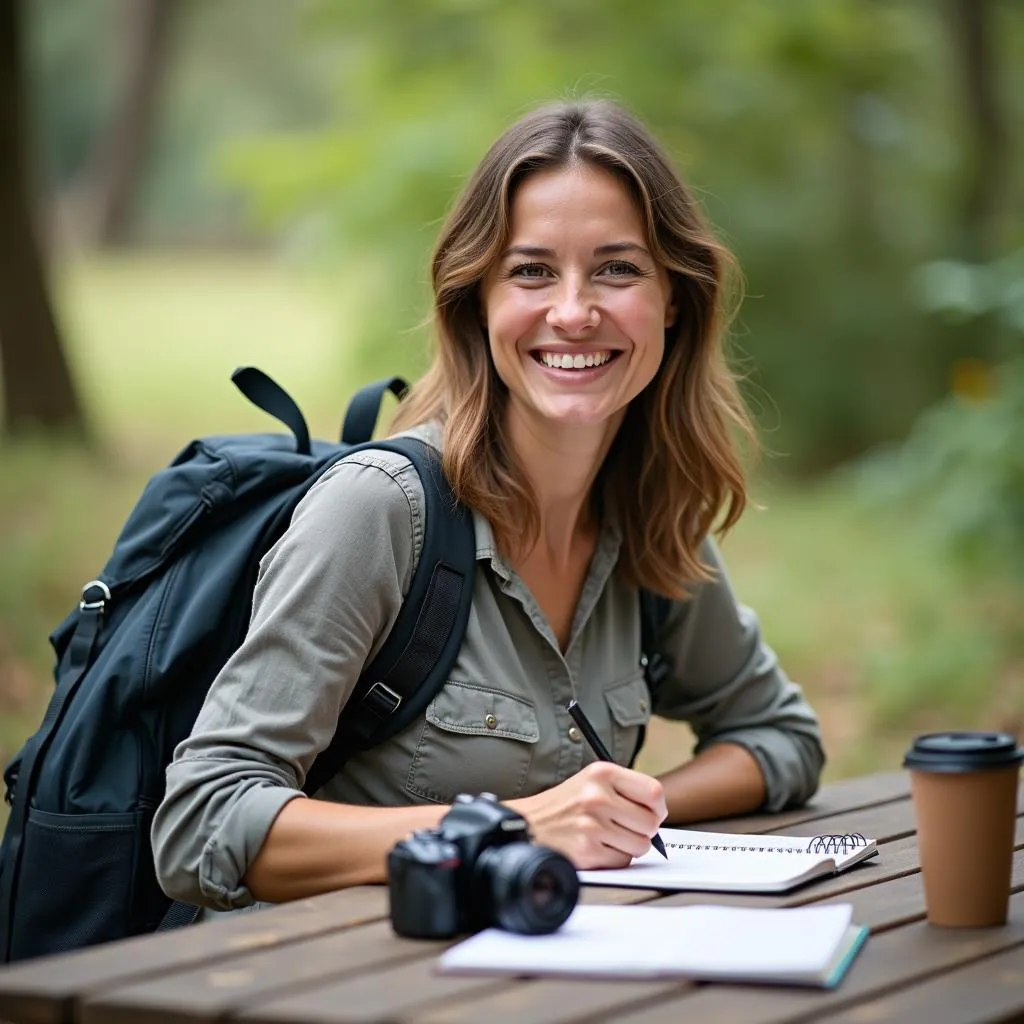 Travel blogger writing in a notebook