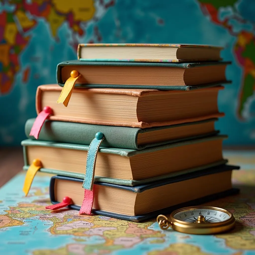 Stack of travel books with bookmarks and maps