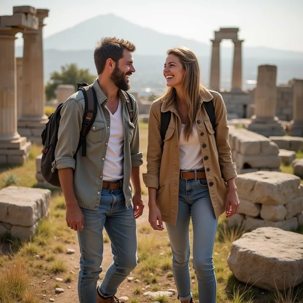 Two friends exploring ancient ruins together