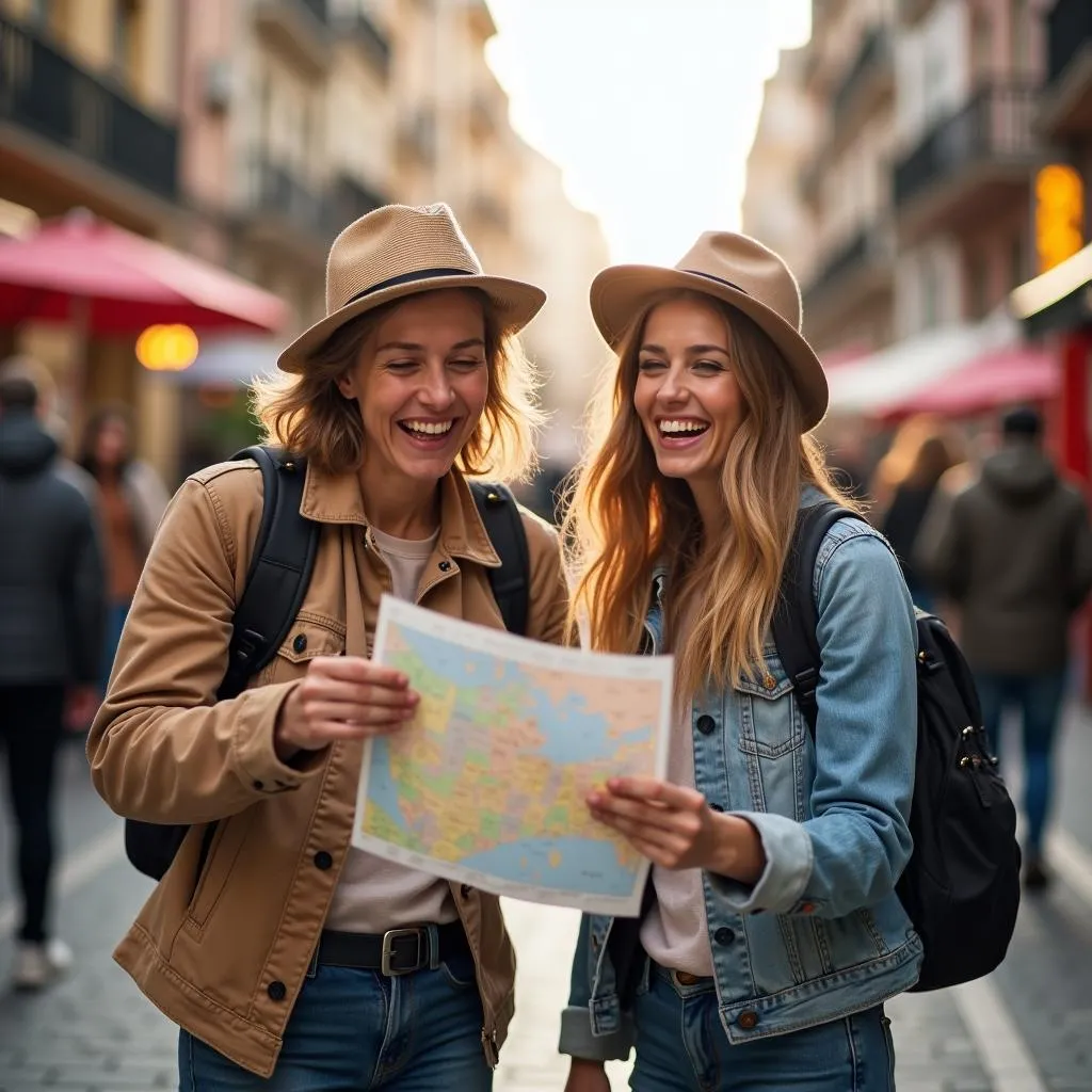 Two friends exploring a new city together