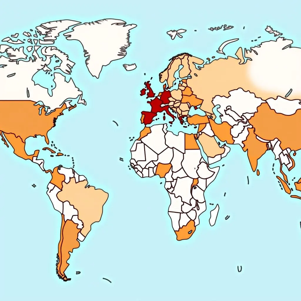 World map highlighting travel destinations and their associated risks.